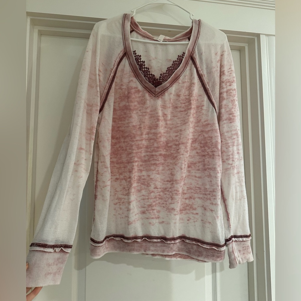Pink and White Lace Trim Long Sleeve Top